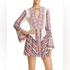 NWT Free People Tegan Boarder Printed Mini Dress in Ivory Combo